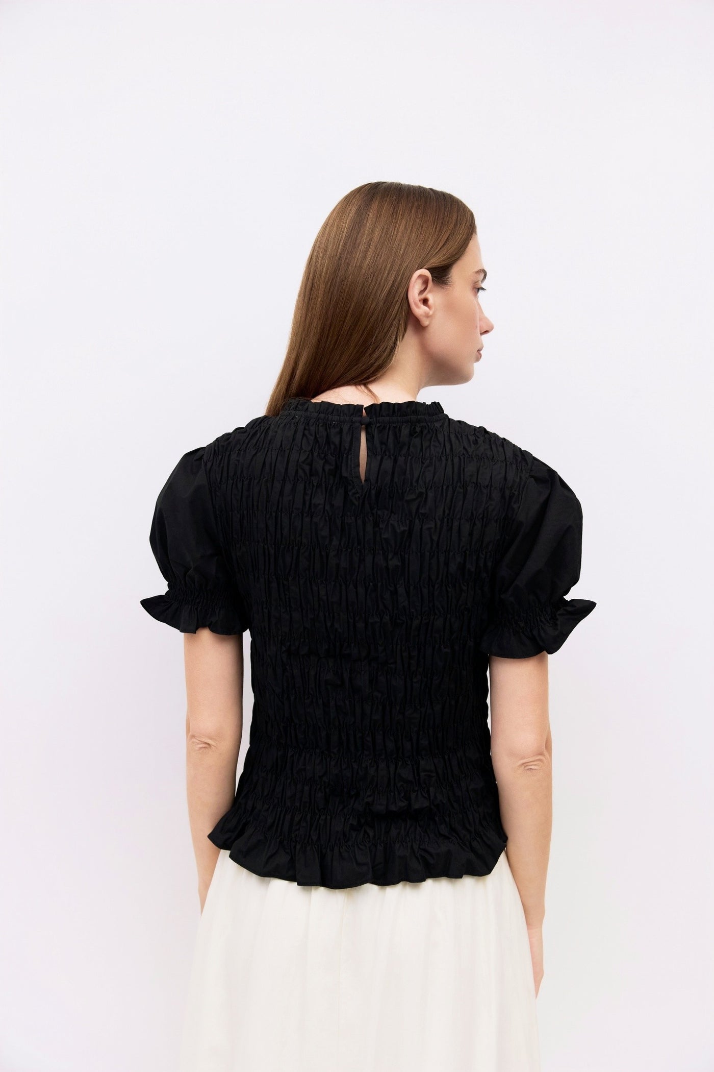 short sleeve smocked blouse
