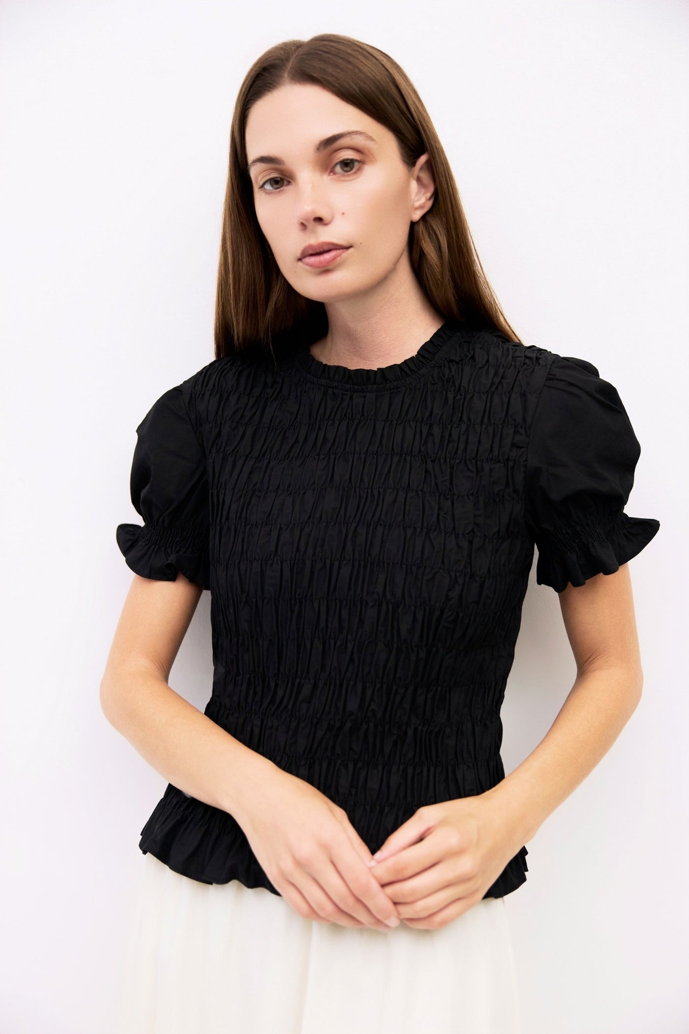 short sleeve smocked blouse