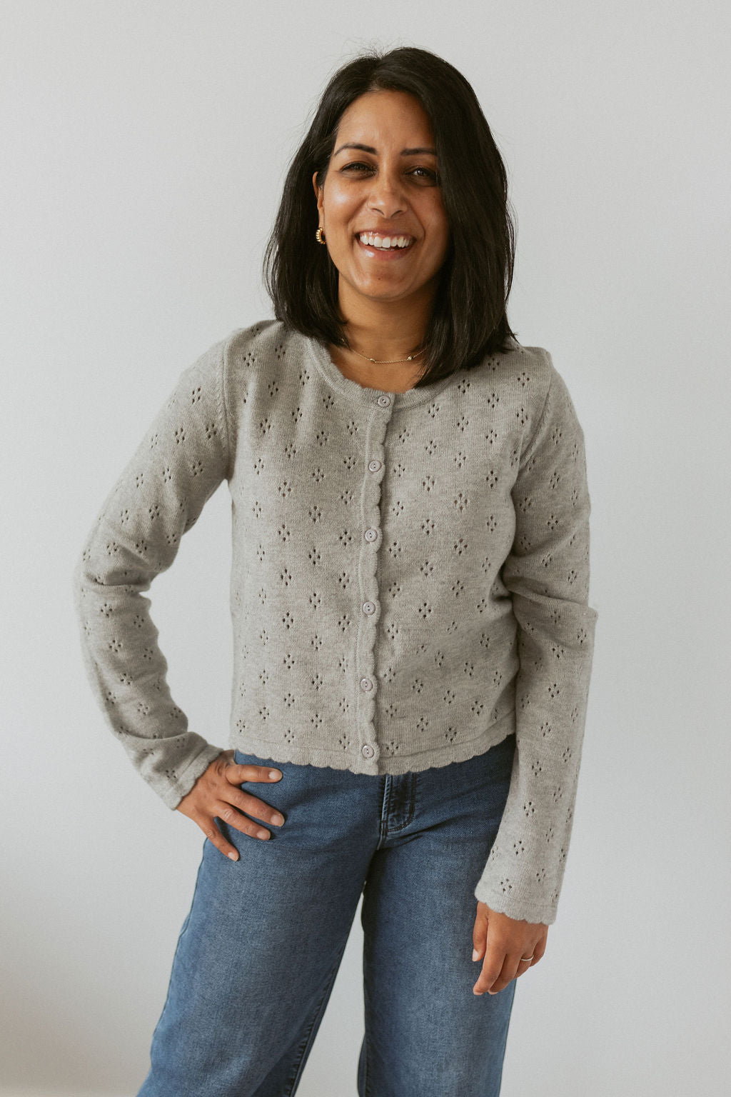 pointelle cardigan with scallop detail
