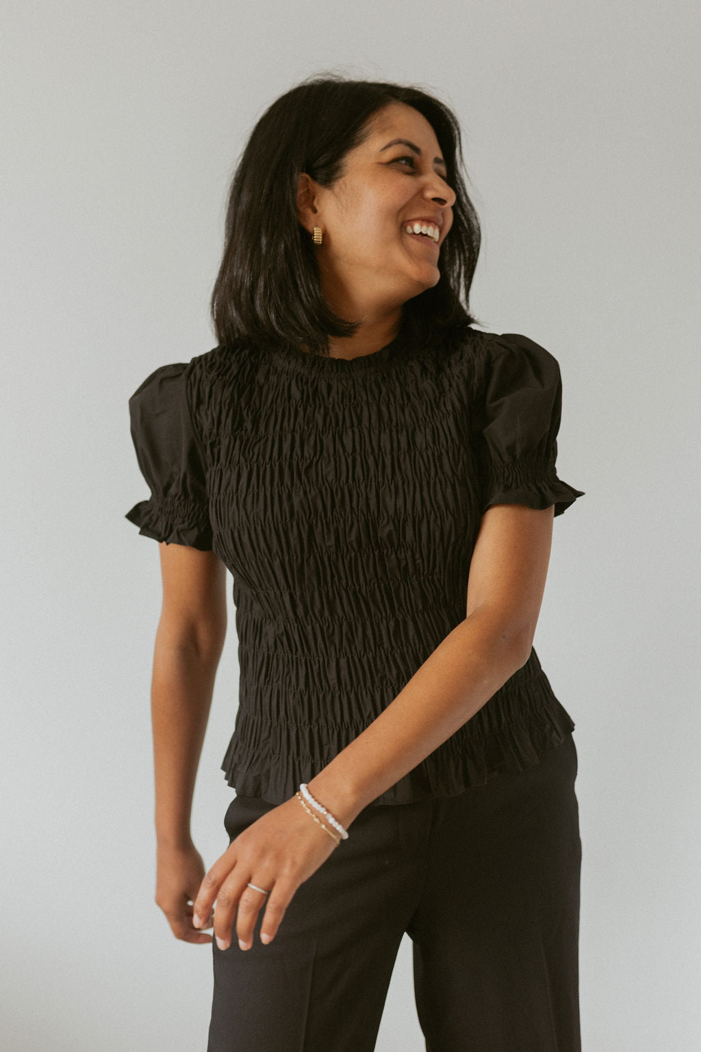 short sleeve smocked blouse