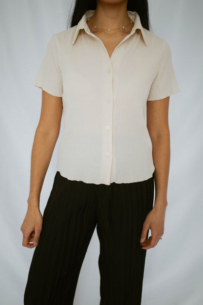 crinkled short sleeve button up top